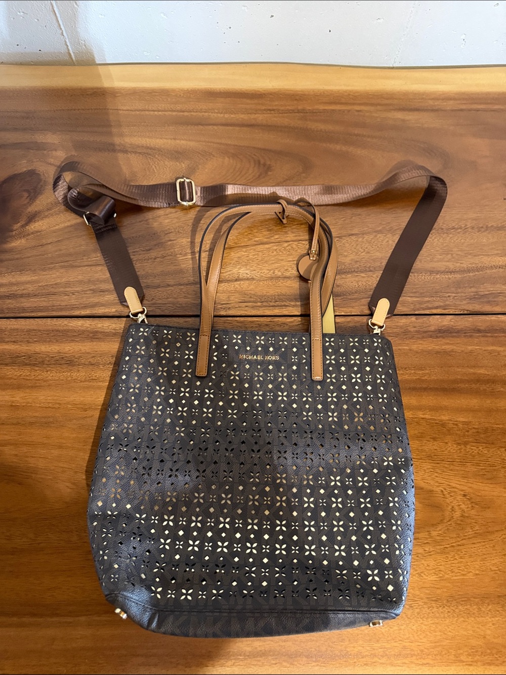 Michael Kors Laser-Cut Tote with Brown Trim and Straps